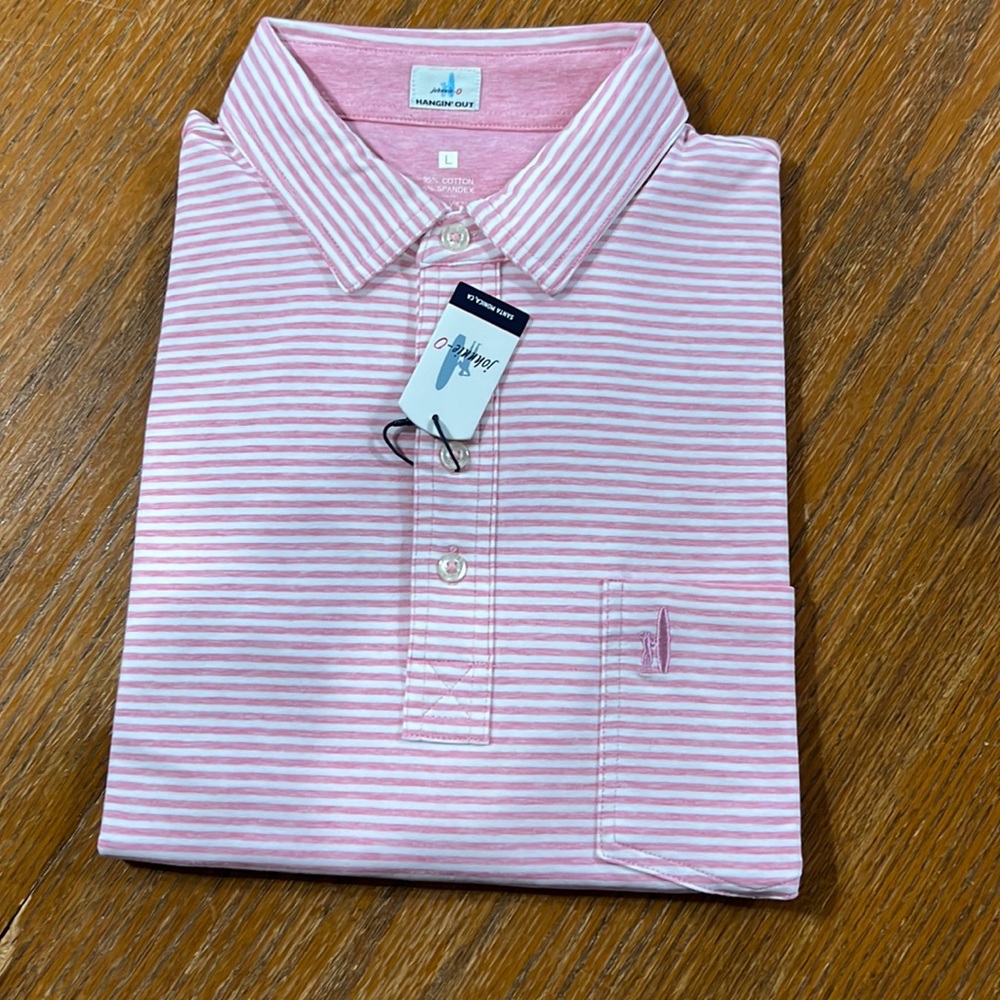 johnnie-O Pink and White Striped Polo Shirt
